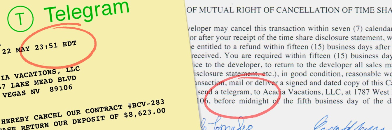 A timeshare contract with the provision to cancel by midnight by telegram circled in red.