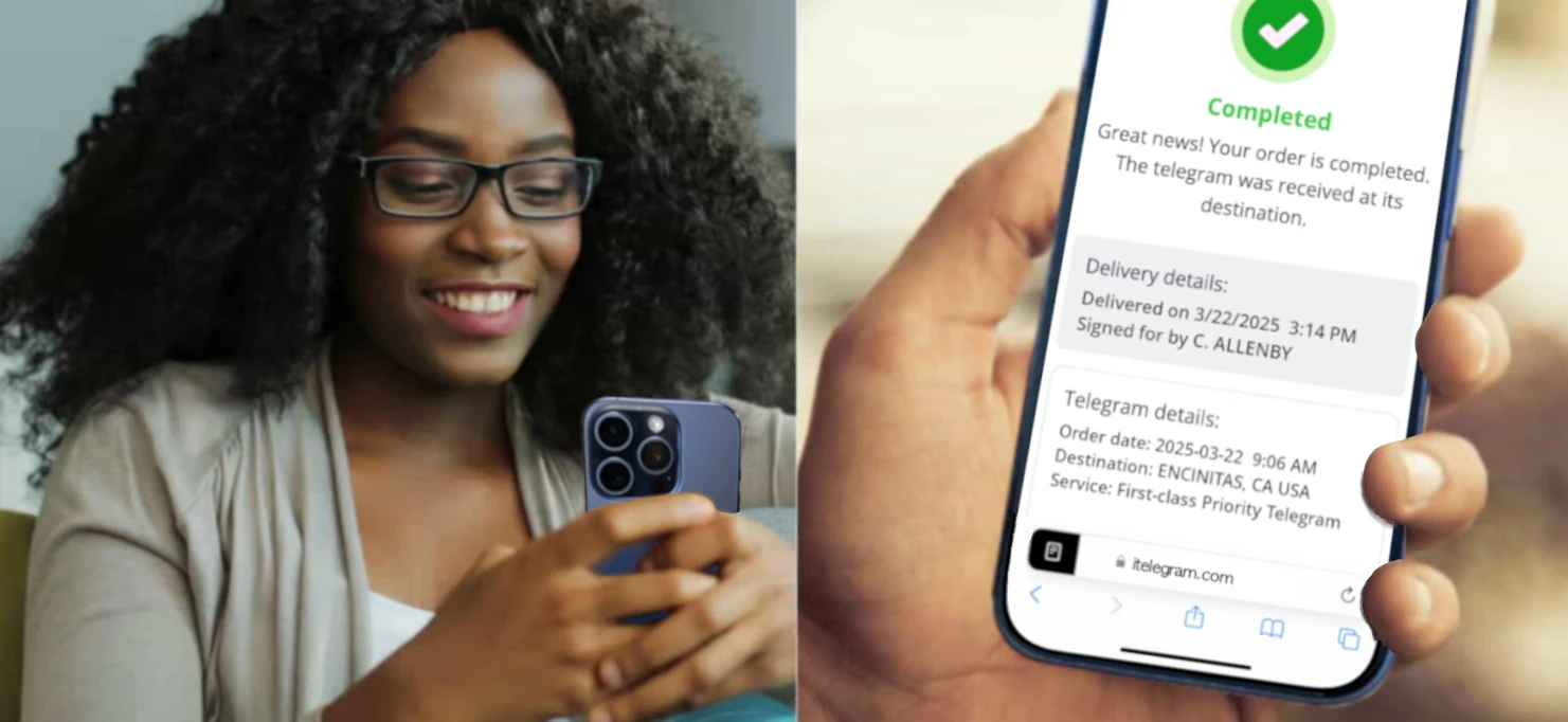 A woman holding a mobile phone. The screen shows confirmation of the delivery date and time, and the recipient's name.