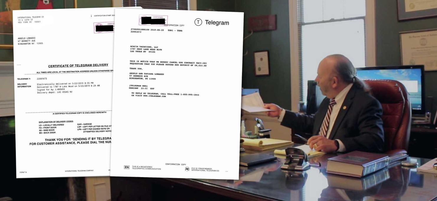 A lawyer is seated at a desk. Superimposed are a certified telegram copy and proof of delivery documents.